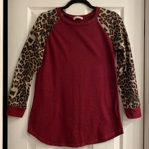 Riah Fashion maroon and cheetah long sleeve shirt